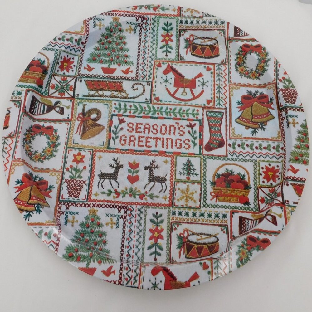 Lot of 2 Christmas Trays Vintage Metal Carol Seasons Greetings 12-13" Diameter